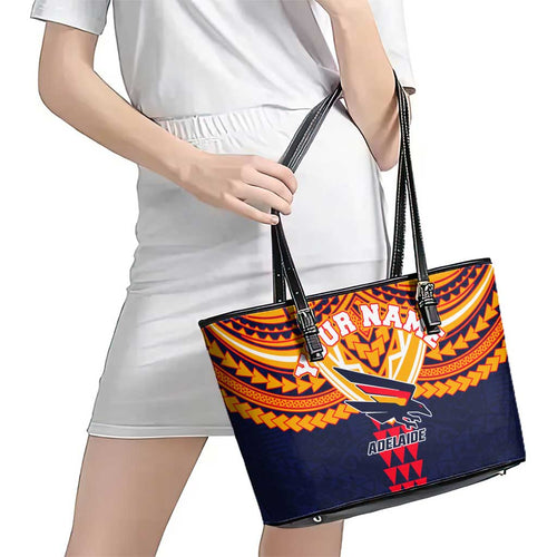 Personalized Adelaide Crows Leather Tote Bag Polynesian Tribal Pattern Heritage Football