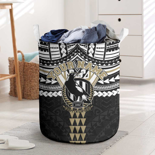Personalized Collingwood Magpies Laundry Basket Polynesian Tribal Pattern Heritage Football