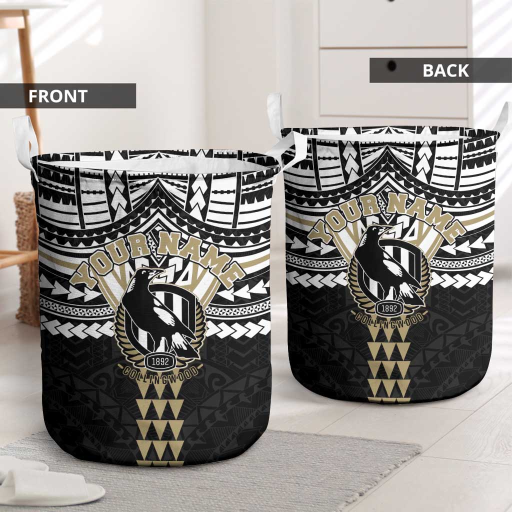 Personalized Collingwood Magpies Laundry Basket Polynesian Tribal Pattern Heritage Football