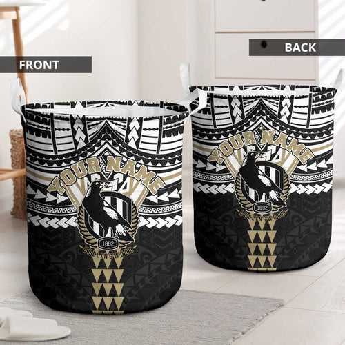Personalized Collingwood Magpies Laundry Basket Polynesian Tribal Pattern Heritage Football