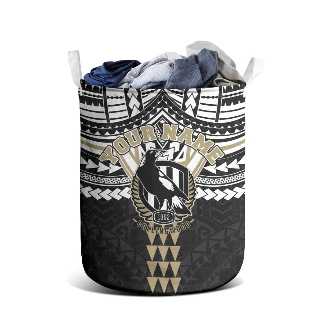 Personalized Collingwood Magpies Laundry Basket Polynesian Tribal Pattern Heritage Football
