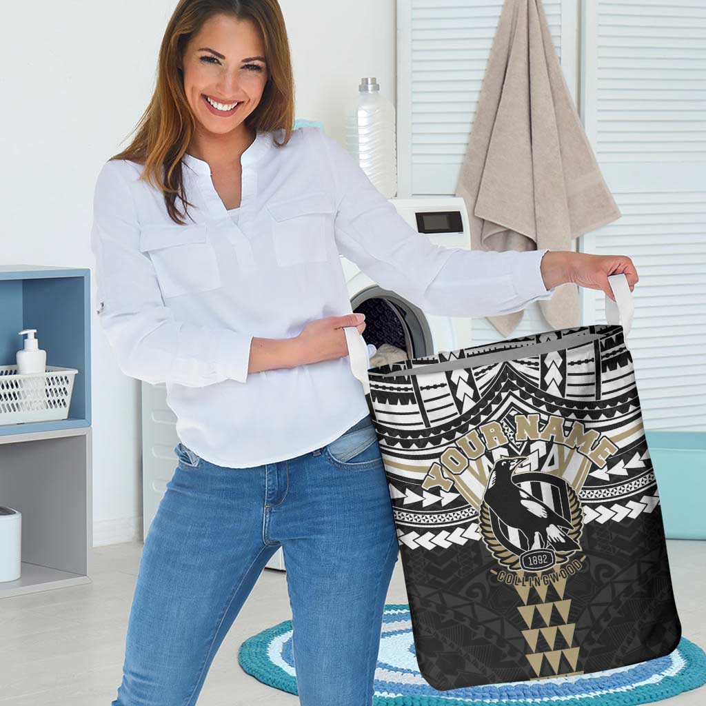 Personalized Collingwood Magpies Laundry Basket Polynesian Tribal Pattern Heritage Football