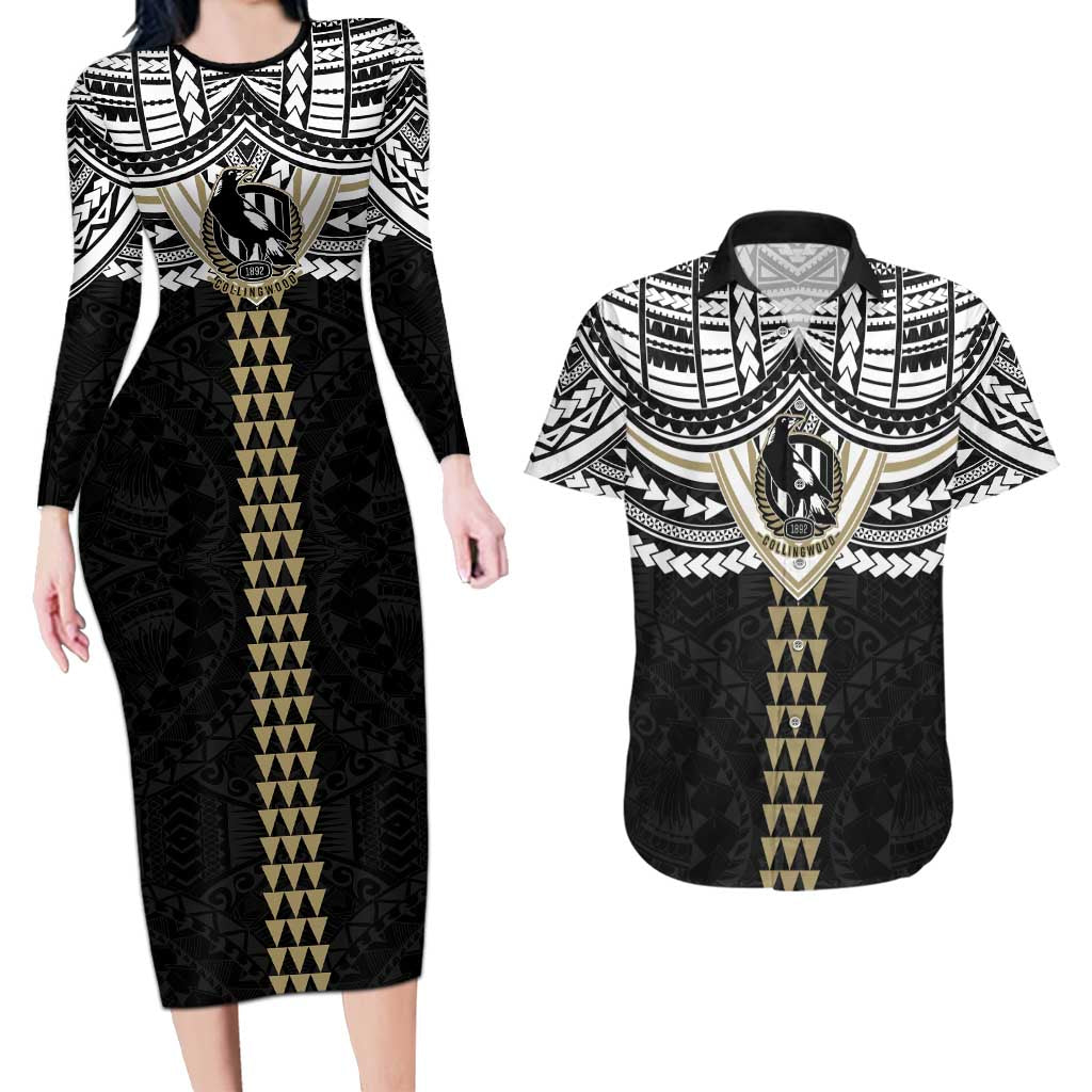 Personalized Collingwood Magpies Couples Matching Long Sleeve Bodycon Dress and Hawaiian Shirt Polynesian Tribal Pattern Heritage Football