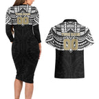 Personalized Collingwood Magpies Couples Matching Long Sleeve Bodycon Dress and Hawaiian Shirt Polynesian Tribal Pattern Heritage Football