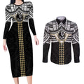 Personalized Collingwood Magpies Couples Matching Long Sleeve Bodycon Dress and Long Sleeve Button Shirt Polynesian Tribal Pattern Heritage Football