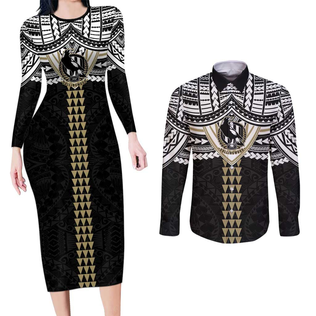 Personalized Collingwood Magpies Couples Matching Long Sleeve Bodycon Dress and Long Sleeve Button Shirt Polynesian Tribal Pattern Heritage Football