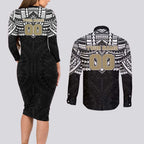 Personalized Collingwood Magpies Couples Matching Long Sleeve Bodycon Dress and Long Sleeve Button Shirt Polynesian Tribal Pattern Heritage Football