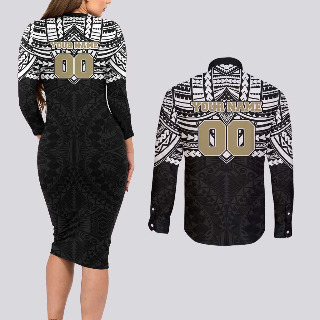 Personalized Collingwood Magpies Couples Matching Long Sleeve Bodycon Dress and Long Sleeve Button Shirt Polynesian Tribal Pattern Heritage Football