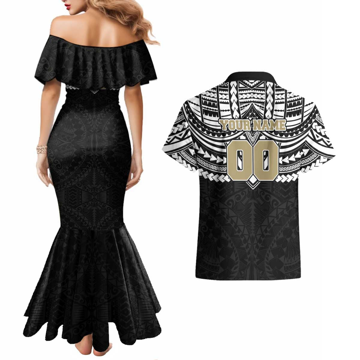 Personalized Collingwood Magpies Couples Matching Mermaid Dress and Hawaiian Shirt Polynesian Tribal Pattern Heritage Football
