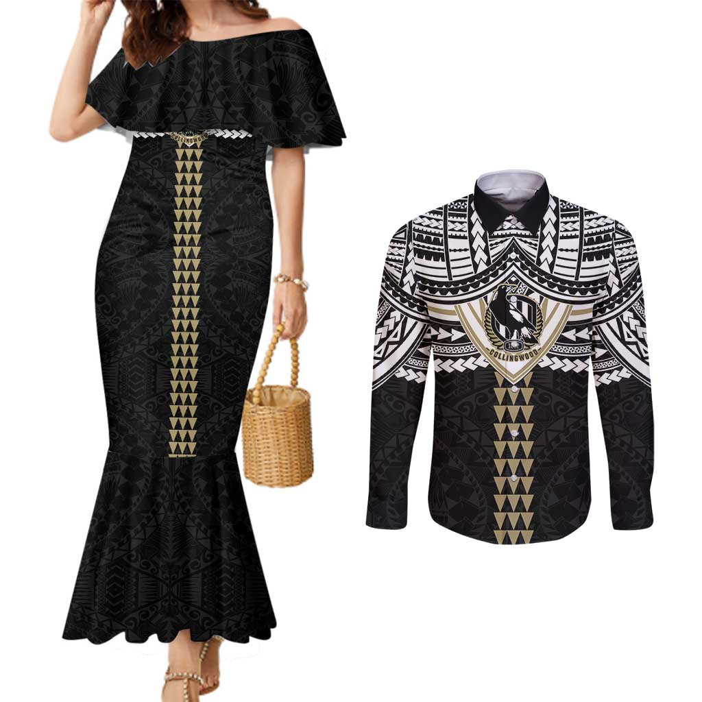 Personalized Collingwood Magpies Couples Matching Mermaid Dress and Long Sleeve Button Shirt Polynesian Tribal Pattern Heritage Football