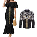 Personalized Collingwood Magpies Couples Matching Mermaid Dress and Long Sleeve Button Shirt Polynesian Tribal Pattern Heritage Football