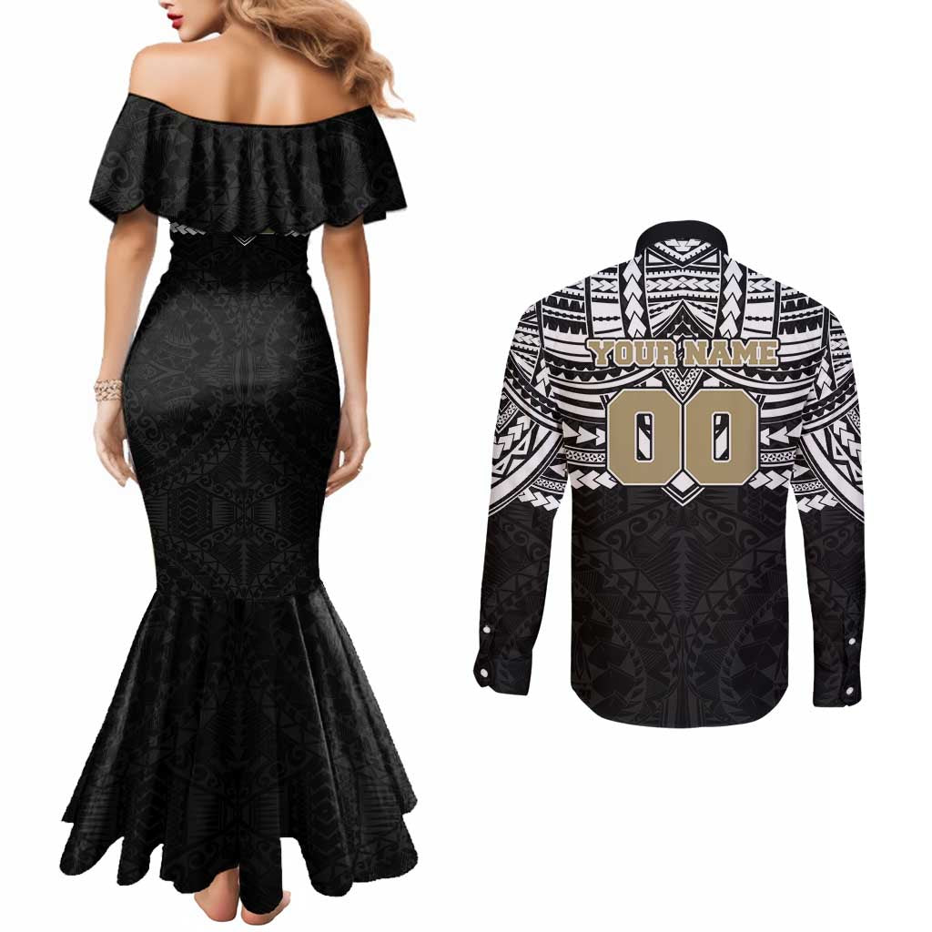 Personalized Collingwood Magpies Couples Matching Mermaid Dress and Long Sleeve Button Shirt Polynesian Tribal Pattern Heritage Football