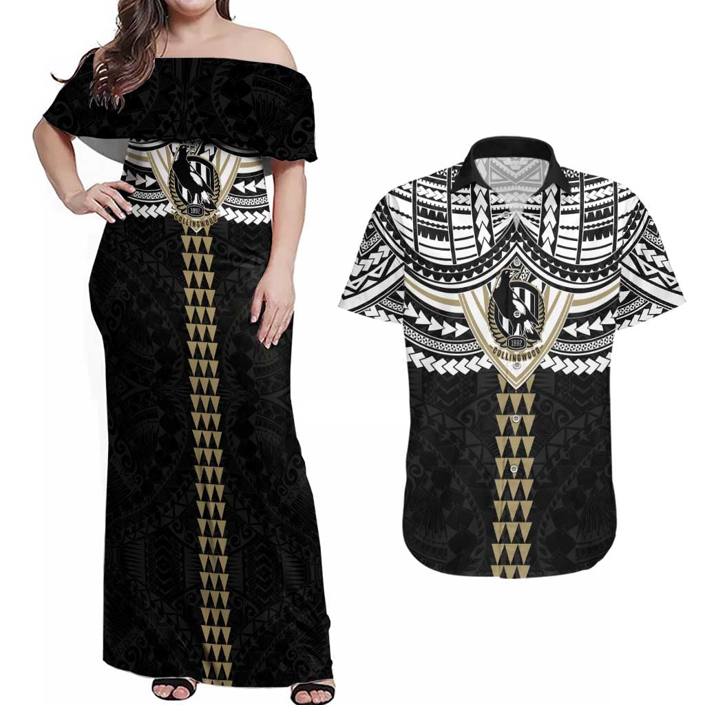 Personalized Collingwood Magpies Couples Matching Off Shoulder Maxi Dress and Hawaiian Shirt Polynesian Tribal Pattern Heritage Football