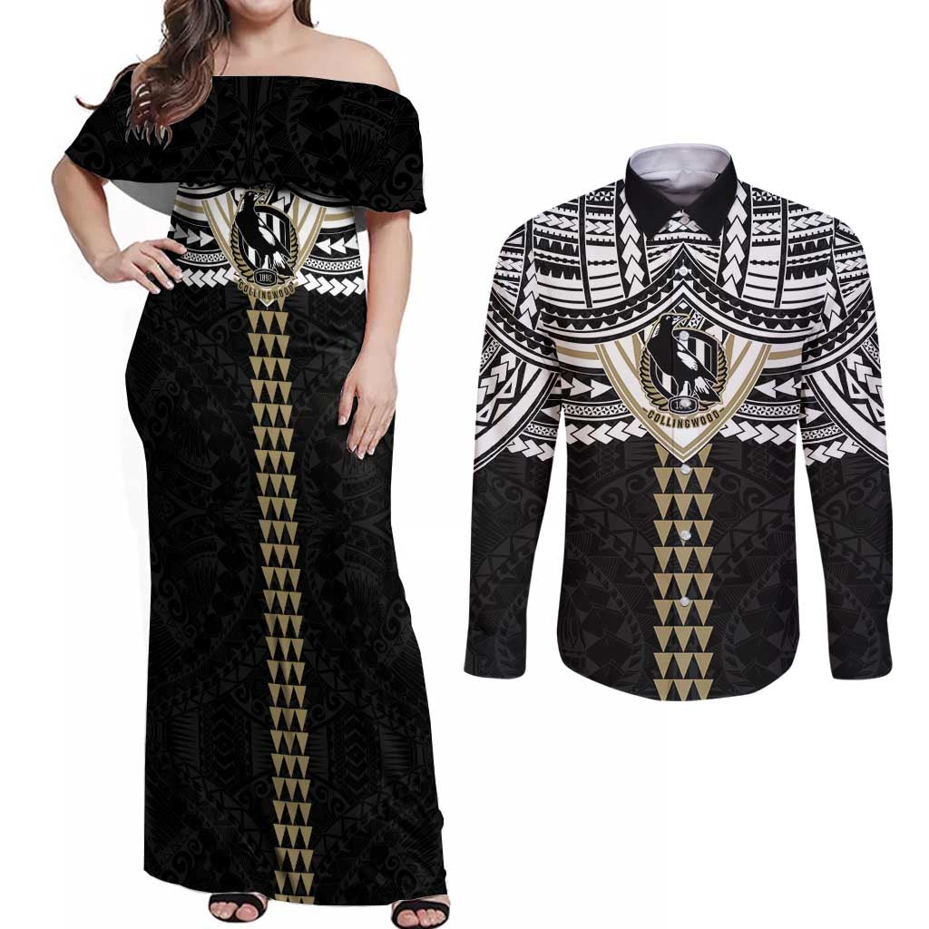 Personalized Collingwood Magpies Couples Matching Off Shoulder Maxi Dress and Long Sleeve Button Shirt Polynesian Tribal Pattern Heritage Football