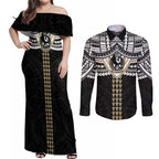 Personalized Collingwood Magpies Couples Matching Off Shoulder Maxi Dress and Long Sleeve Button Shirt Polynesian Tribal Pattern Heritage Football