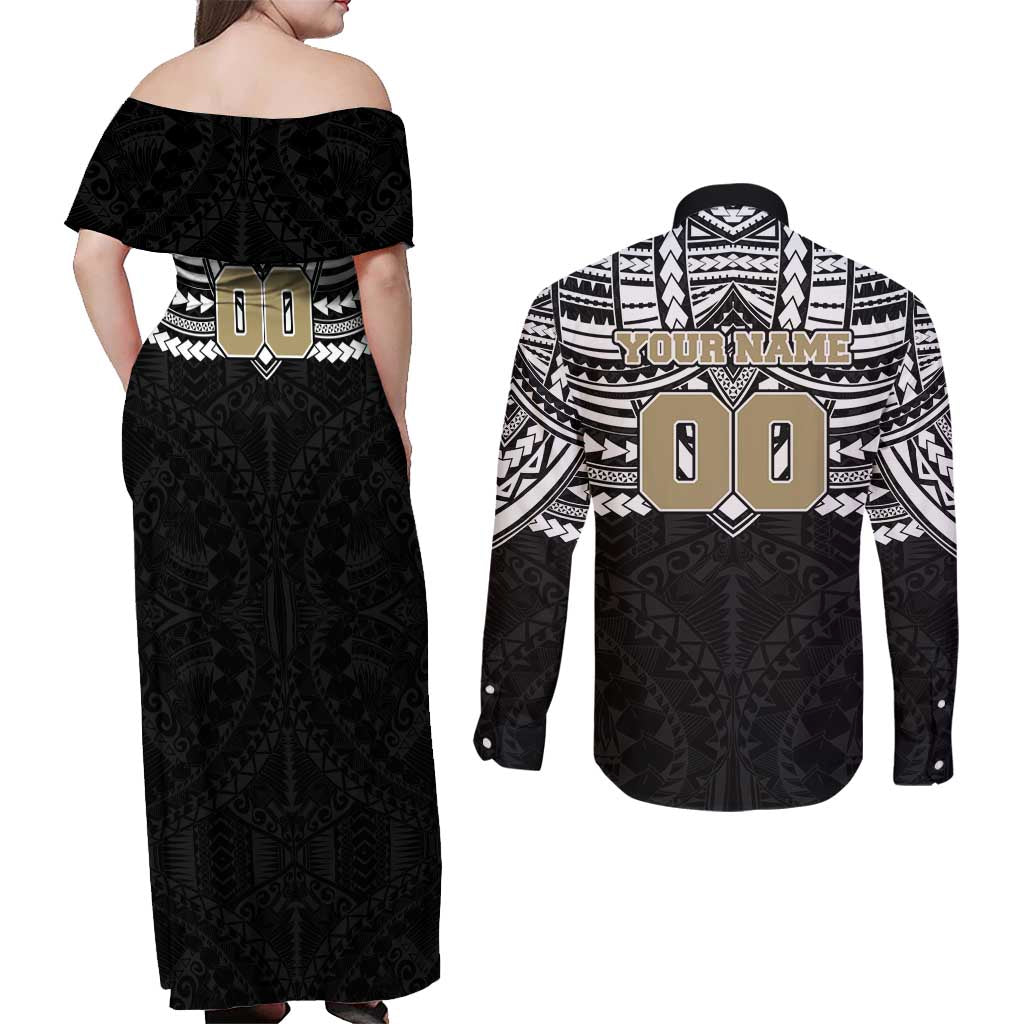 Personalized Collingwood Magpies Couples Matching Off Shoulder Maxi Dress and Long Sleeve Button Shirt Polynesian Tribal Pattern Heritage Football