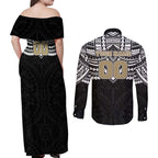 Personalized Collingwood Magpies Couples Matching Off Shoulder Maxi Dress and Long Sleeve Button Shirt Polynesian Tribal Pattern Heritage Football