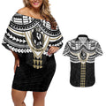 Personalized Collingwood Magpies Couples Matching Off Shoulder Short Dress and Hawaiian Shirt Polynesian Tribal Pattern Heritage Football