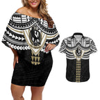 Personalized Collingwood Magpies Couples Matching Off Shoulder Short Dress and Hawaiian Shirt Polynesian Tribal Pattern Heritage Football