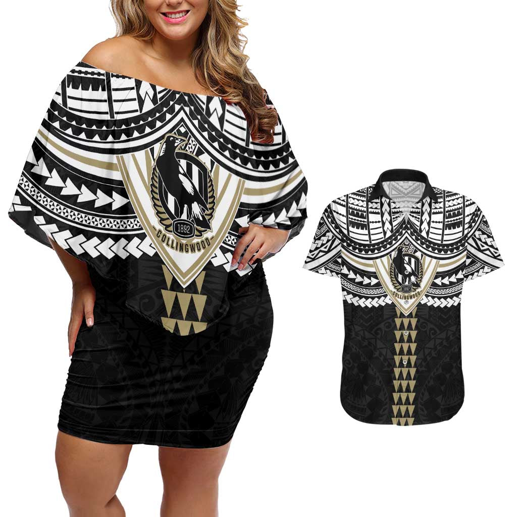 Personalized Collingwood Magpies Couples Matching Off Shoulder Short Dress and Hawaiian Shirt Polynesian Tribal Pattern Heritage Football