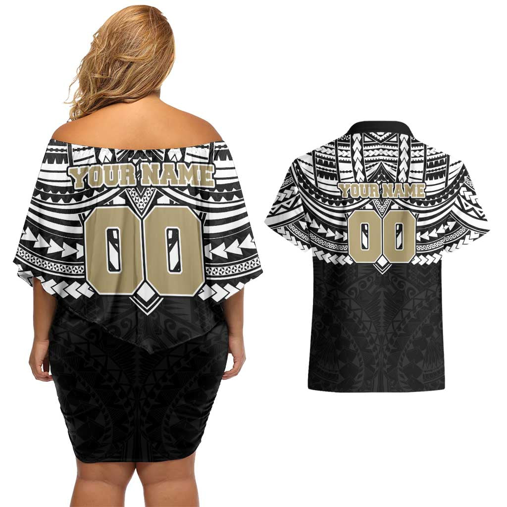 Personalized Collingwood Magpies Couples Matching Off Shoulder Short Dress and Hawaiian Shirt Polynesian Tribal Pattern Heritage Football