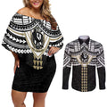 Personalized Collingwood Magpies Couples Matching Off Shoulder Short Dress and Long Sleeve Button Shirt Polynesian Tribal Pattern Heritage Football