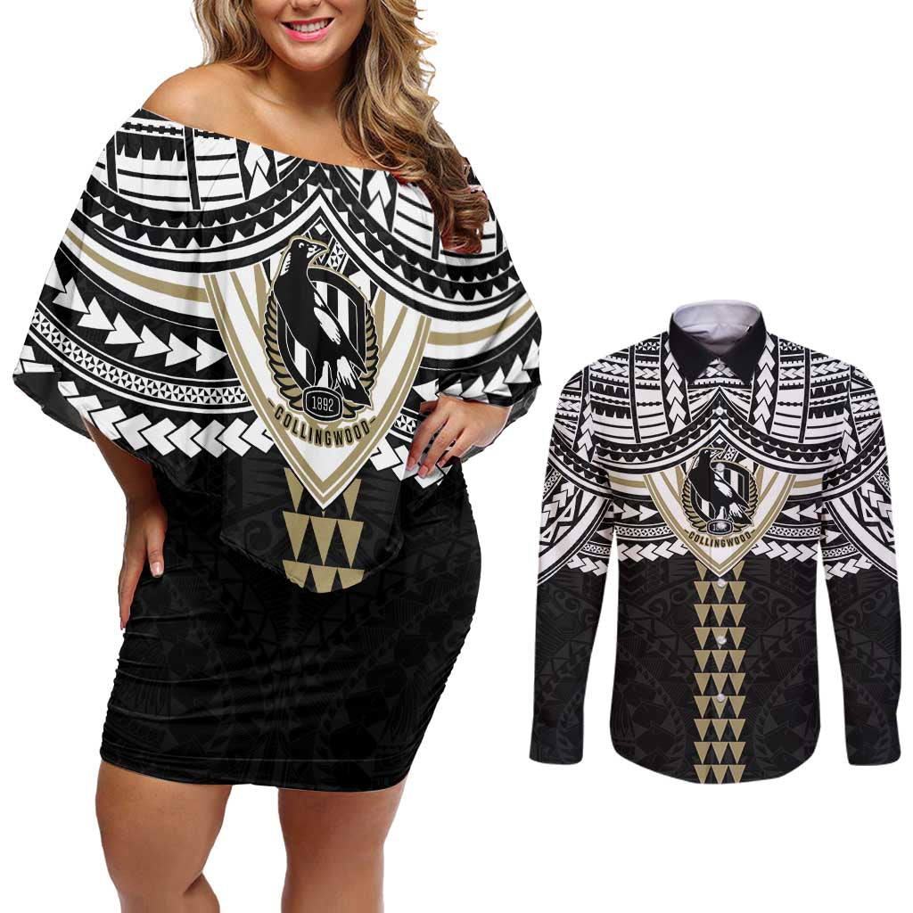 Personalized Collingwood Magpies Couples Matching Off Shoulder Short Dress and Long Sleeve Button Shirt Polynesian Tribal Pattern Heritage Football