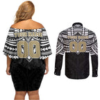 Personalized Collingwood Magpies Couples Matching Off Shoulder Short Dress and Long Sleeve Button Shirt Polynesian Tribal Pattern Heritage Football