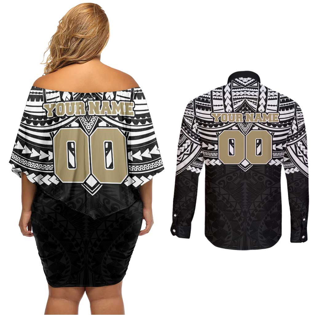Personalized Collingwood Magpies Couples Matching Off Shoulder Short Dress and Long Sleeve Button Shirt Polynesian Tribal Pattern Heritage Football