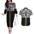 Personalized Collingwood Magpies Couples Matching Off The Shoulder Long Sleeve Dress and Hawaiian Shirt Polynesian Tribal Pattern Heritage Football