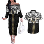 Personalized Collingwood Magpies Couples Matching Off The Shoulder Long Sleeve Dress and Hawaiian Shirt Polynesian Tribal Pattern Heritage Football
