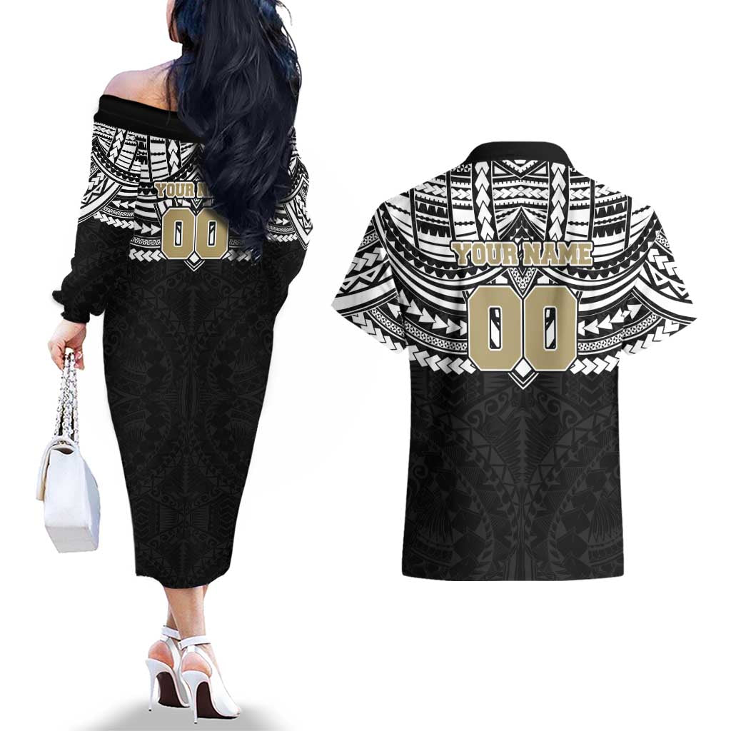 Personalized Collingwood Magpies Couples Matching Off The Shoulder Long Sleeve Dress and Hawaiian Shirt Polynesian Tribal Pattern Heritage Football