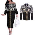Personalized Collingwood Magpies Couples Matching Off The Shoulder Long Sleeve Dress and Long Sleeve Button Shirt Polynesian Tribal Pattern Heritage Football