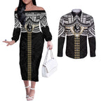 Personalized Collingwood Magpies Couples Matching Off The Shoulder Long Sleeve Dress and Long Sleeve Button Shirt Polynesian Tribal Pattern Heritage Football