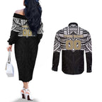 Personalized Collingwood Magpies Couples Matching Off The Shoulder Long Sleeve Dress and Long Sleeve Button Shirt Polynesian Tribal Pattern Heritage Football