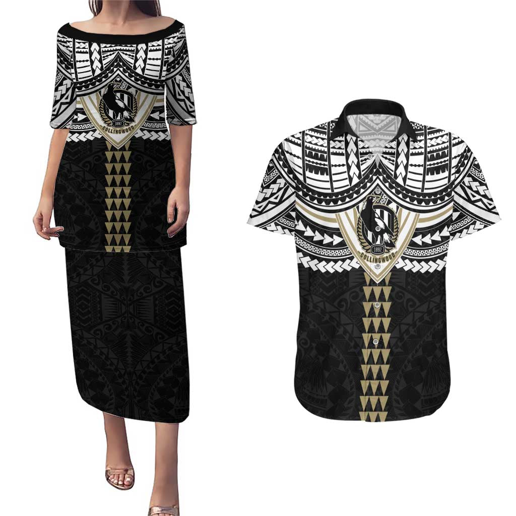 Personalized Collingwood Magpies Couples Matching Puletasi and Hawaiian Shirt Polynesian Tribal Pattern Heritage Football