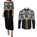 Personalized Collingwood Magpies Couples Matching Puletasi and Long Sleeve Button Shirt Polynesian Tribal Pattern Heritage Football