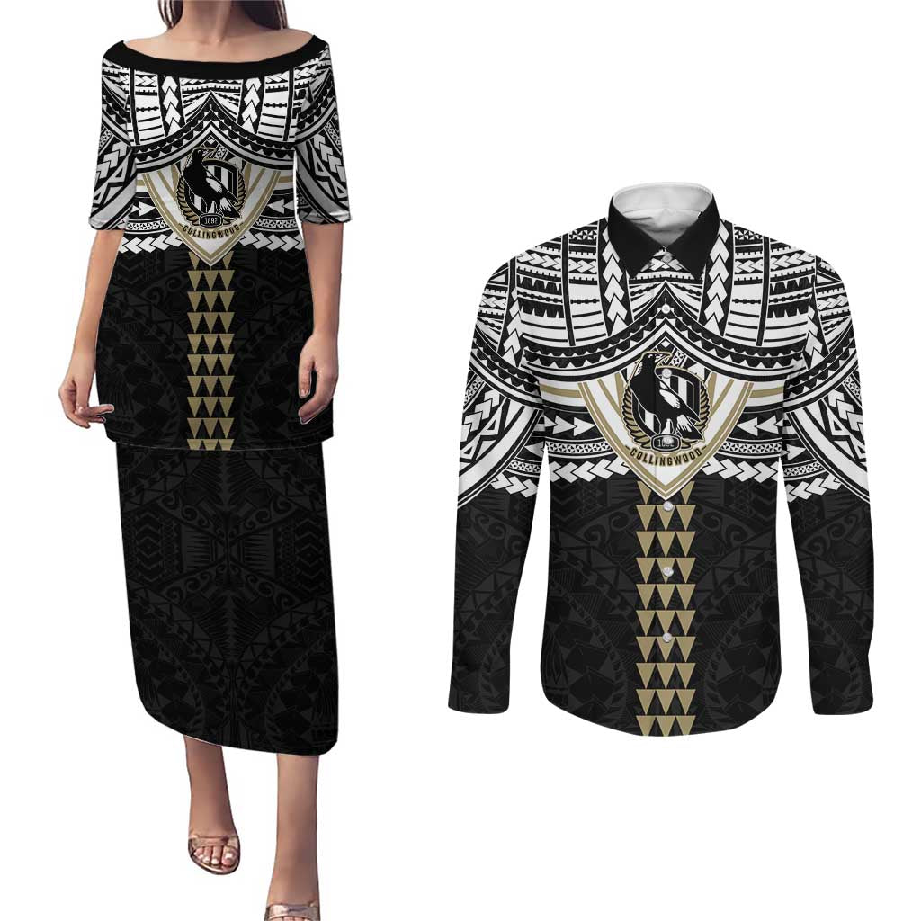 Personalized Collingwood Magpies Couples Matching Puletasi and Long Sleeve Button Shirt Polynesian Tribal Pattern Heritage Football