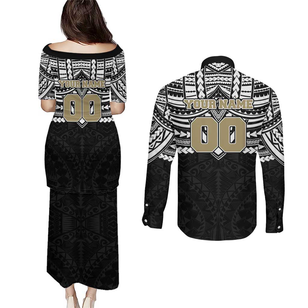 Personalized Collingwood Magpies Couples Matching Puletasi and Long Sleeve Button Shirt Polynesian Tribal Pattern Heritage Football