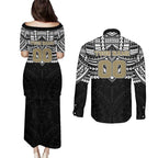 Personalized Collingwood Magpies Couples Matching Puletasi and Long Sleeve Button Shirt Polynesian Tribal Pattern Heritage Football
