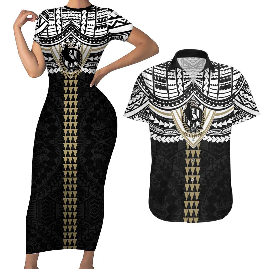 Personalized Collingwood Magpies Couples Matching Short Sleeve Bodycon Dress and Hawaiian Shirt Polynesian Tribal Pattern Heritage Football