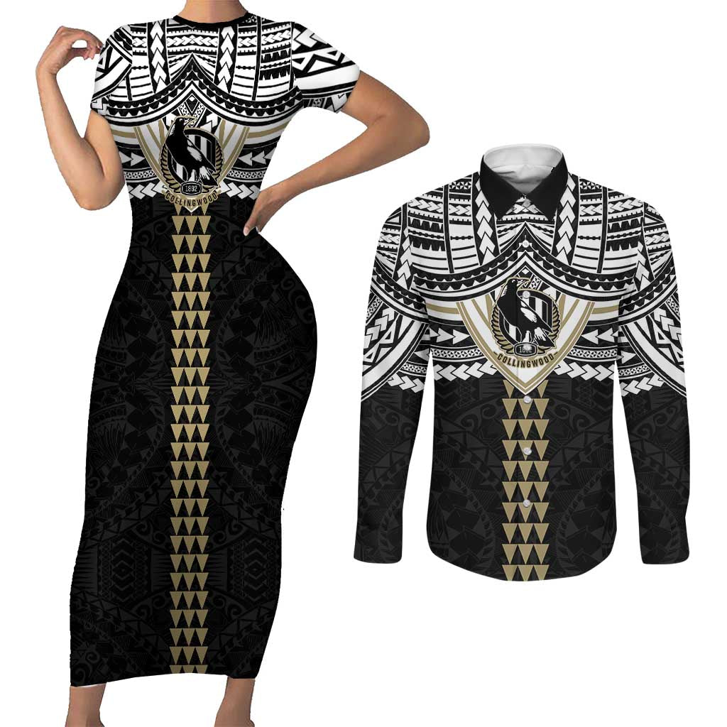 Personalized Collingwood Magpies Couples Matching Short Sleeve Bodycon Dress and Long Sleeve Button Shirt Polynesian Tribal Pattern Heritage Football