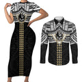 Personalized Collingwood Magpies Couples Matching Short Sleeve Bodycon Dress and Long Sleeve Button Shirt Polynesian Tribal Pattern Heritage Football