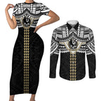 Personalized Collingwood Magpies Couples Matching Short Sleeve Bodycon Dress and Long Sleeve Button Shirt Polynesian Tribal Pattern Heritage Football