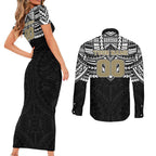 Personalized Collingwood Magpies Couples Matching Short Sleeve Bodycon Dress and Long Sleeve Button Shirt Polynesian Tribal Pattern Heritage Football