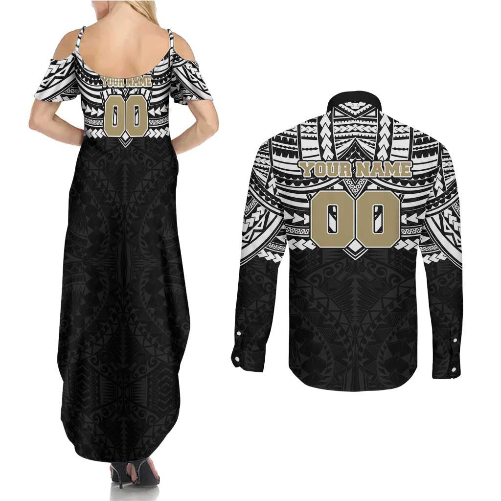 Personalized Collingwood Magpies Couples Matching Summer Maxi Dress and Long Sleeve Button Shirt Polynesian Tribal Pattern Heritage Football