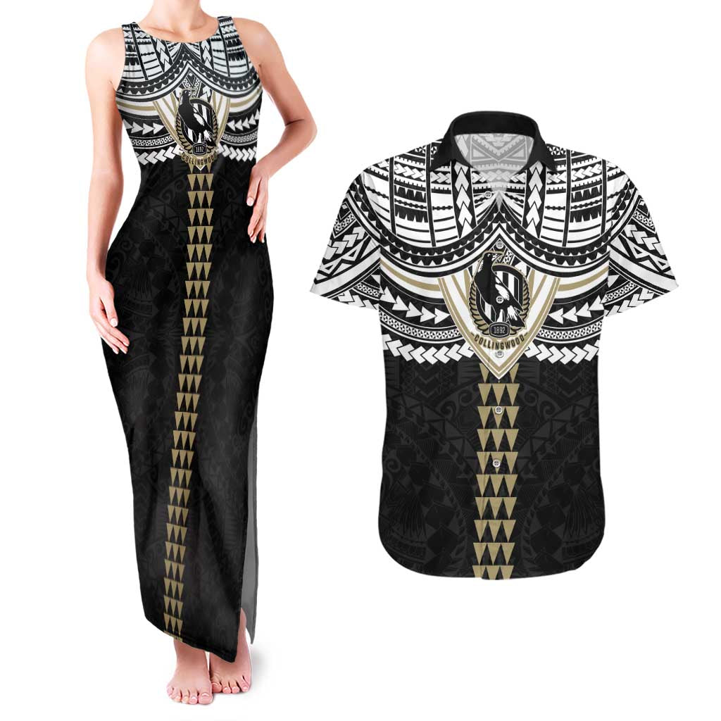 Personalized Collingwood Magpies Couples Matching Tank Maxi Dress and Hawaiian Shirt Polynesian Tribal Pattern Heritage Football
