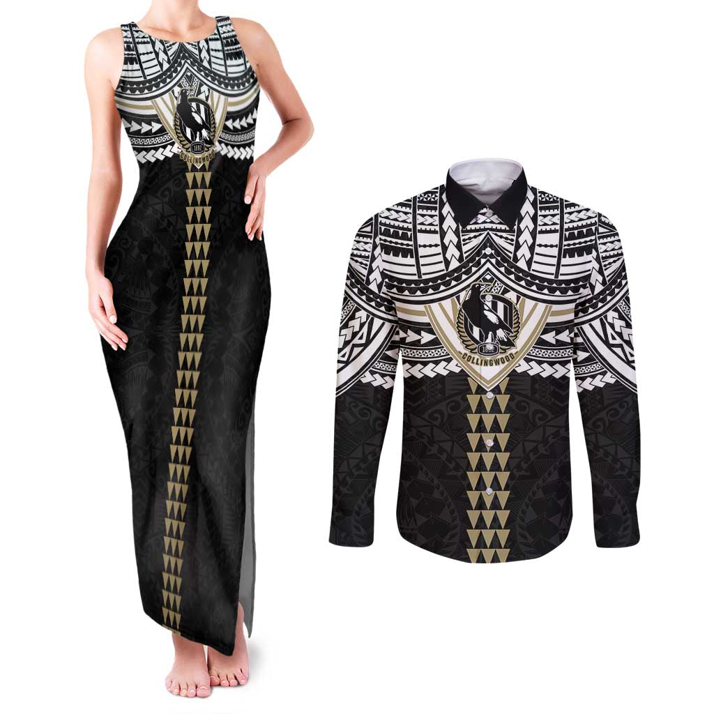 Personalized Collingwood Magpies Couples Matching Tank Maxi Dress and Long Sleeve Button Shirt Polynesian Tribal Pattern Heritage Football