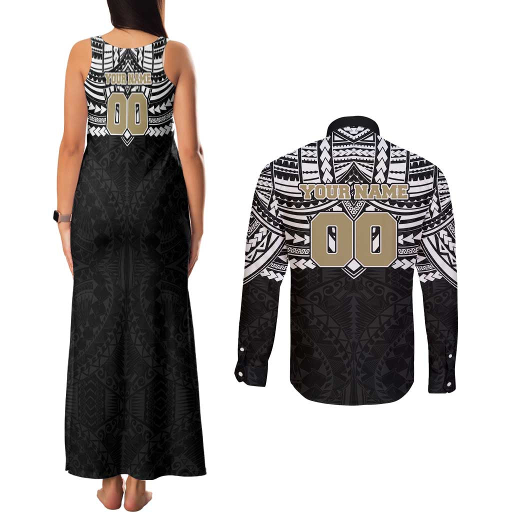 Personalized Collingwood Magpies Couples Matching Tank Maxi Dress and Long Sleeve Button Shirt Polynesian Tribal Pattern Heritage Football