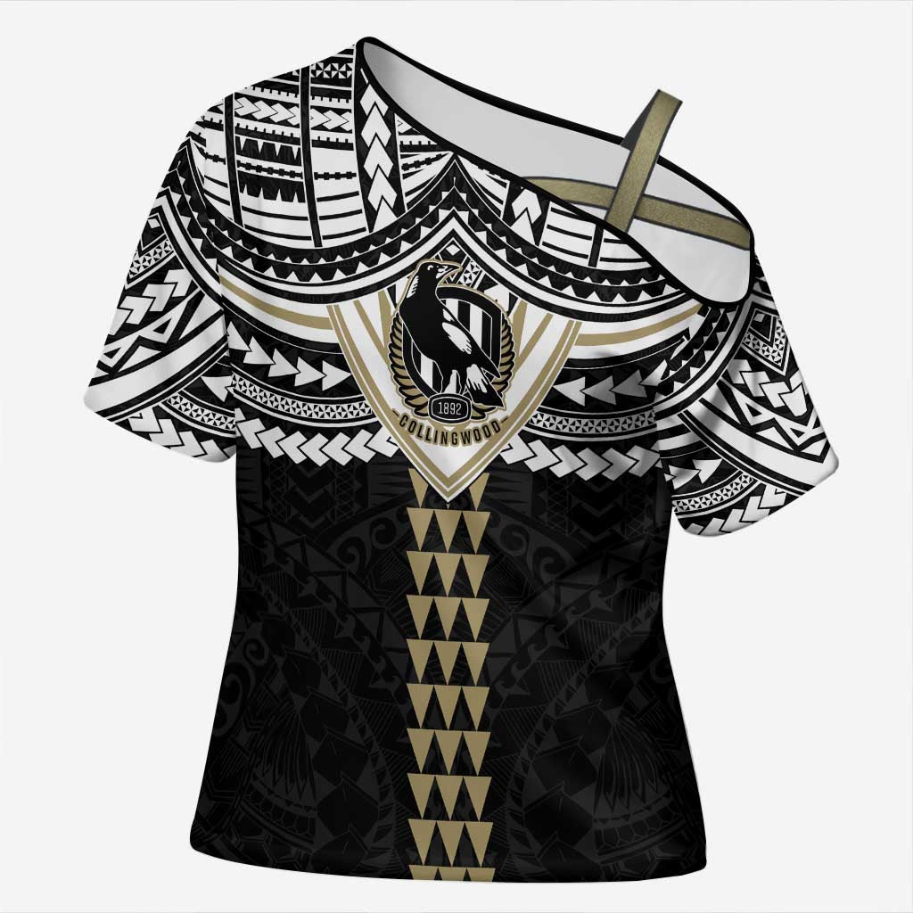 Personalized Collingwood Magpies Cross Shoulder Shirt Polynesian Tribal Pattern Heritage Football